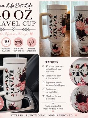 40 oz Floral Travel Tumbler - Mom Life
